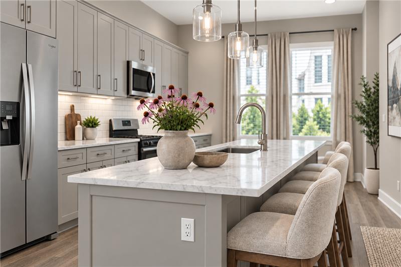 Kitchen with a marble-topped island, pendant lighting, and stainless steel appliances