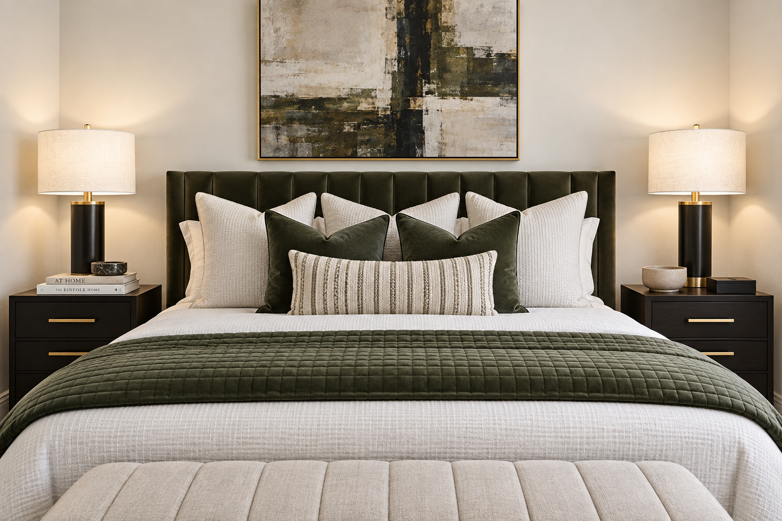 Serene bedroom with a green upholstered headboard and designer finishes