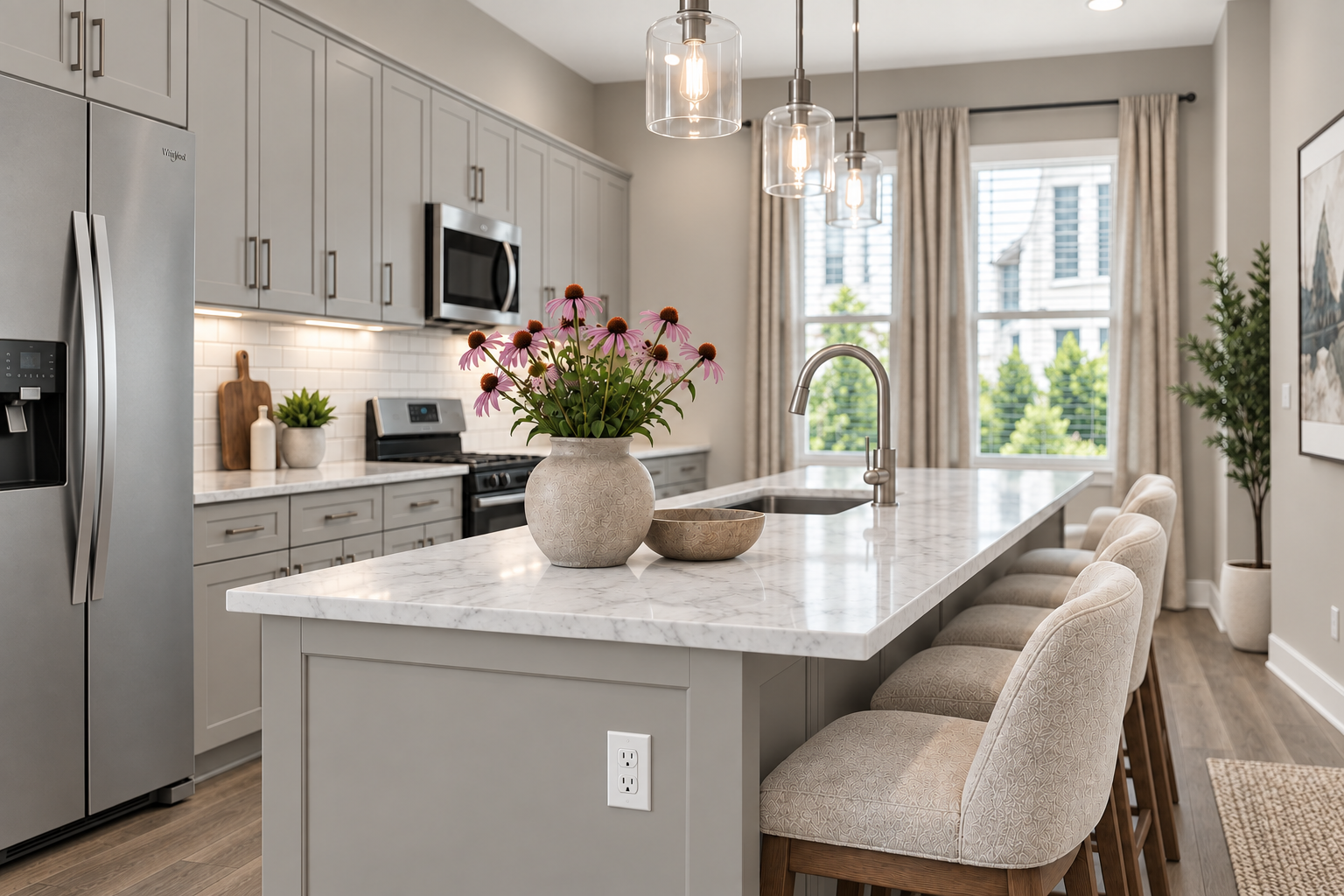 Modern kitchen with a marble-topped island, stainless steel appliances, and pendant lighting