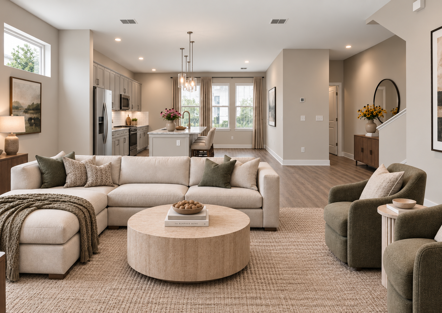 Open-concept living room with a sectional, round wood coffee table, and kitchen beyond