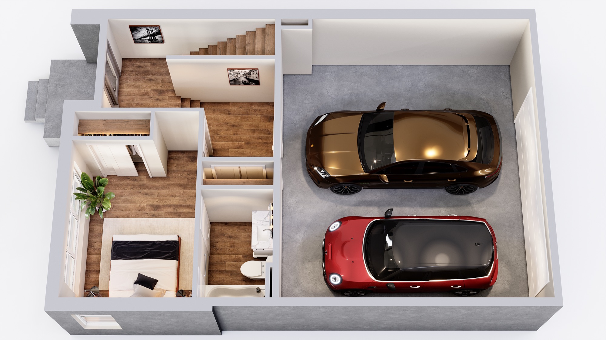 Chatham first-floor plan with a bedroom, full bathroom, and attached 2-car garage