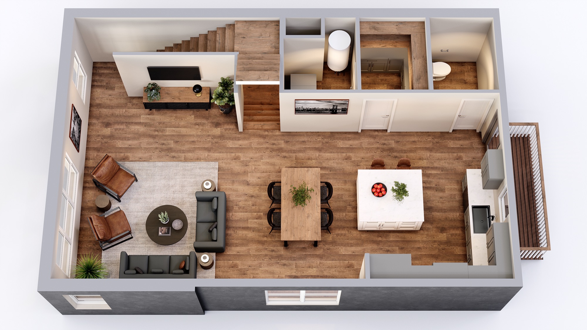 Chatham second-floor plan with open living and dining areas, kitchen island, half bath, and balcony