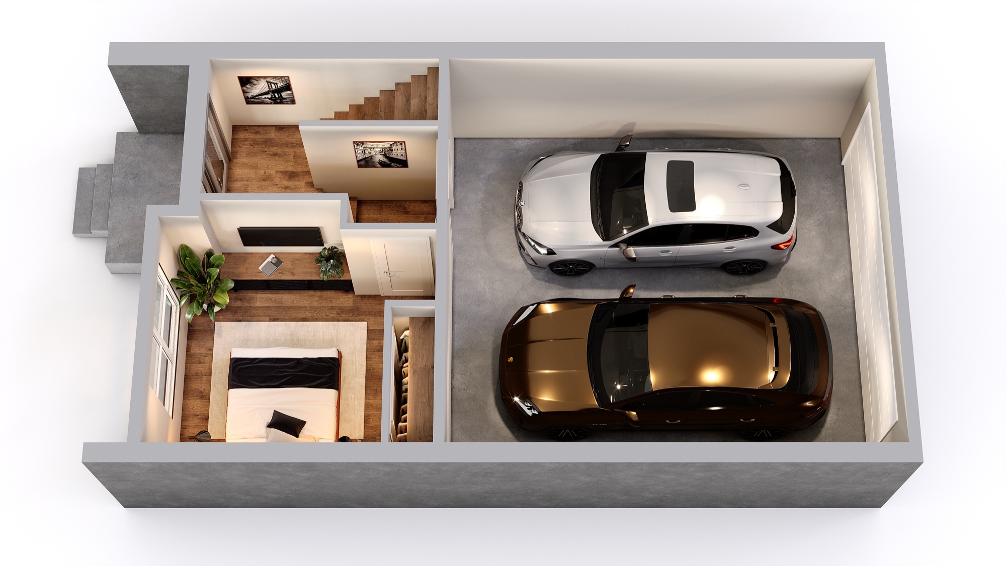Soho first-floor plan with a bedroom, full bathroom, and attached 2-car garage