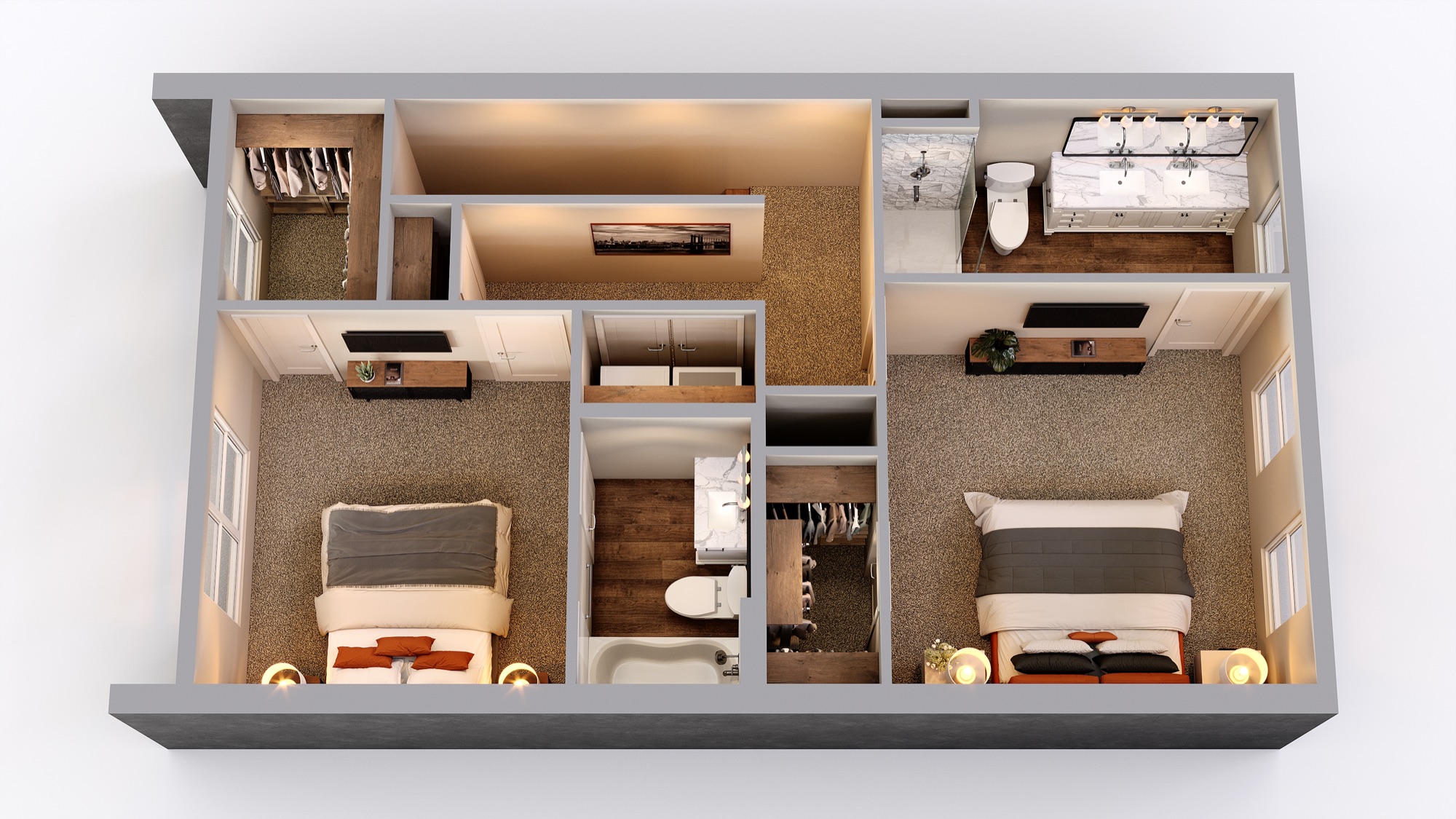 Soho third-floor plan with two bedrooms, two bathrooms, and in-home laundry