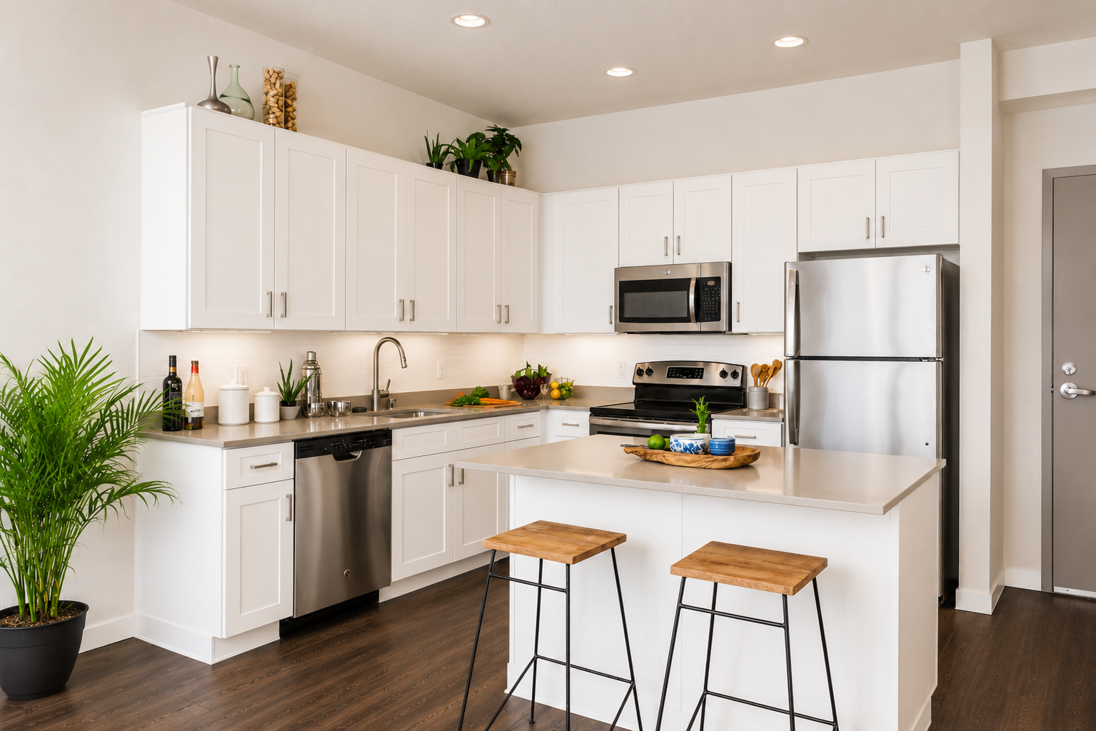 Modern kitchen with white cabinets and stainless steel appliances